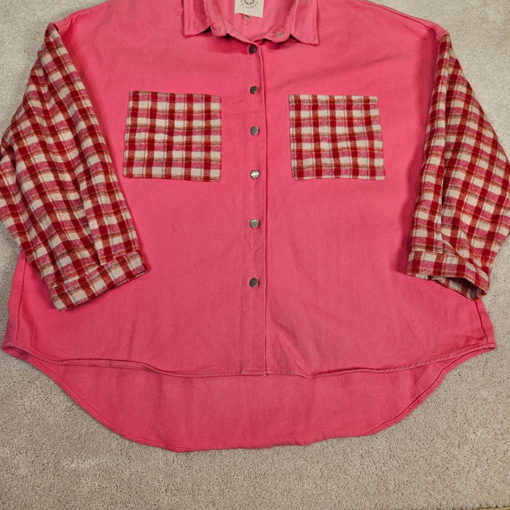 Fantastic Fawn Pink‎ Plaid Sleeve Oversized High-Low Shacket Size L Relaxed Boho - Picture 3 of 8